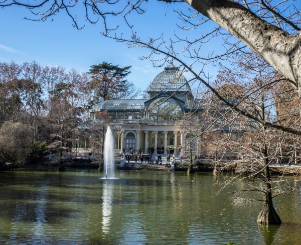 The Crystal Palace in El Retiro Park, Madrid, with its impressive glass and metal structure reflected in the tranquil waters of the surrounding pond, under a clear blue sky, framed by the bare branches of trees.