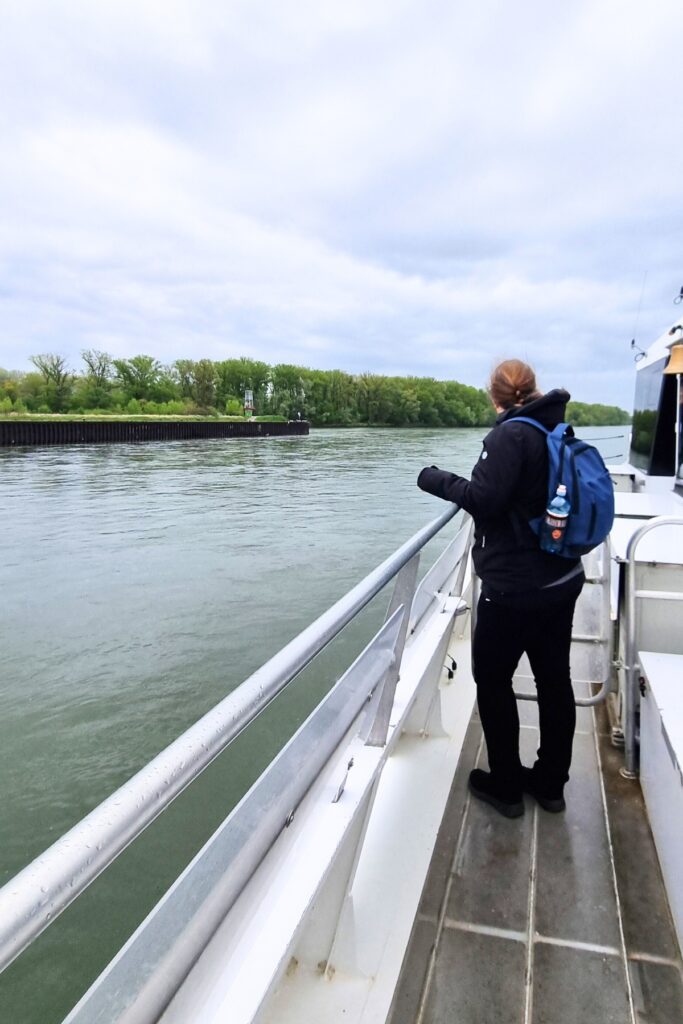 A woman with a blue backpack stands on the deck of a ferry cruising the Danube River, gazing toward a tree-lined shore under a cloudy sky. The image captures a peaceful moment during the boat ride from Vienna to Bratislava.