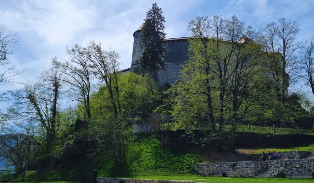A towering stone wall of Bled Castle rises above a forested hillside, partially hidden by tall spring trees with fresh green leaves. A few visitors relax on stone steps in the lower right corner, enjoying the sunny afternoon.