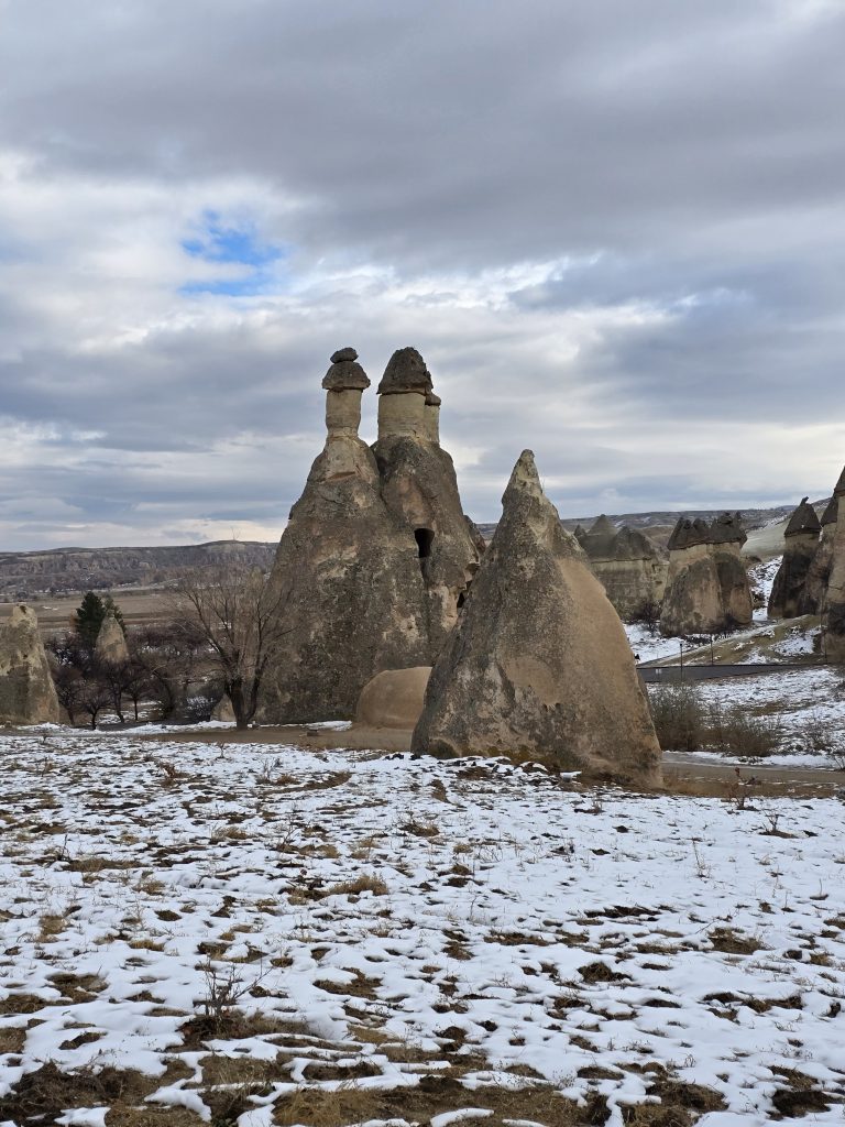Close-up view of iconic twin mushroom-shaped fairy chimneys in Cappadocia, standing tall above the snow-covered ground with dramatic skies overhead. The scene highlights the region's famous volcanic rock formations.