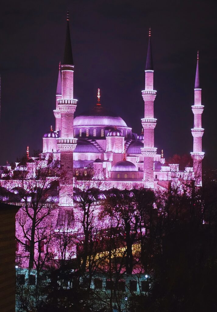 Nighttime shot of the Blue Mosque in Istanbul glowing with pink and purple lighting, with its six minarets and central dome rising above silhouetted tree branches in the foreground.