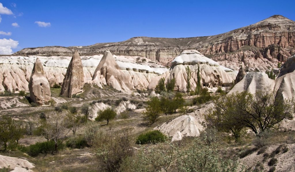 Panoramic view of Cappadocia’s Rose Valley, showcasing its unique pink-hued rock formations and soft volcanic ridges under a bright blue sky. The cone-shaped fairy chimneys and layered cliffs highlight the region’s otherworldly landscape and natural erosion patterns.