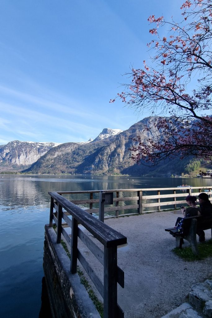 Scenic lakeside view in Hallstatt, Austria featuring a wooden railing overlooking the calm water, with snow-capped mountains in the background and pink blossoms framing the sky. Two people sit on a bench enjoying the peaceful landscape.