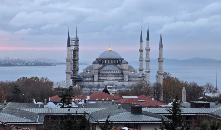 Blue Mosque Istanbul viewed from above at dusk with the Bosphorus and cloudy sky behind it. Rooftops and trees frame the mosque, with one minaret partly covered in scaffolding.