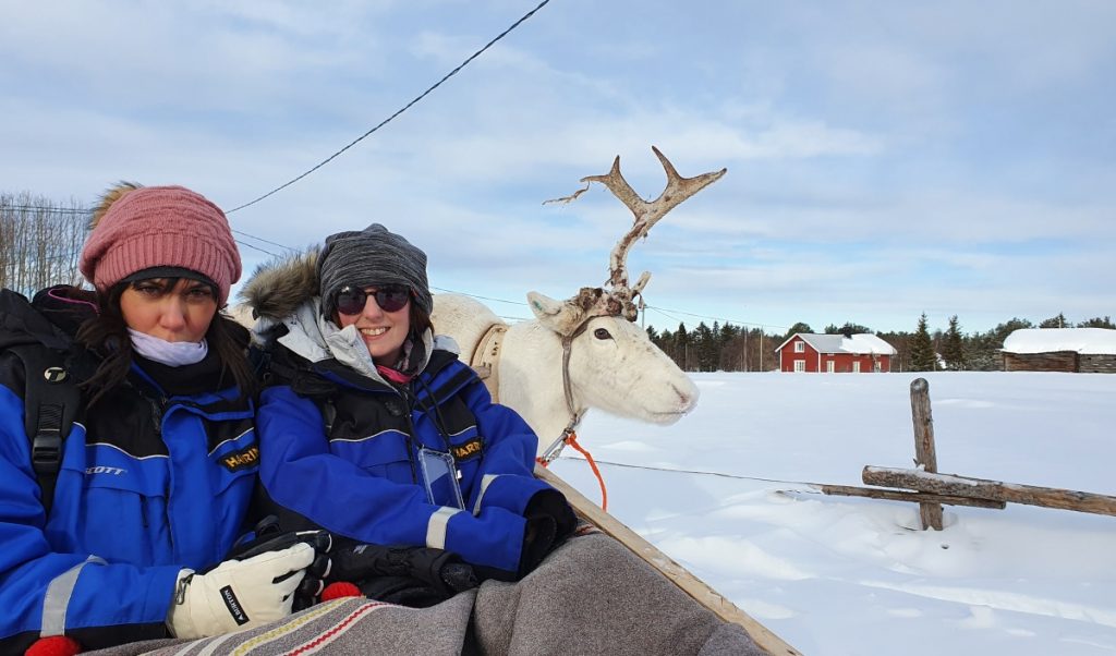 Two women in blue winter suits ride in a sleigh behind a white reindeer, with red cabins and snowy fields in the background.