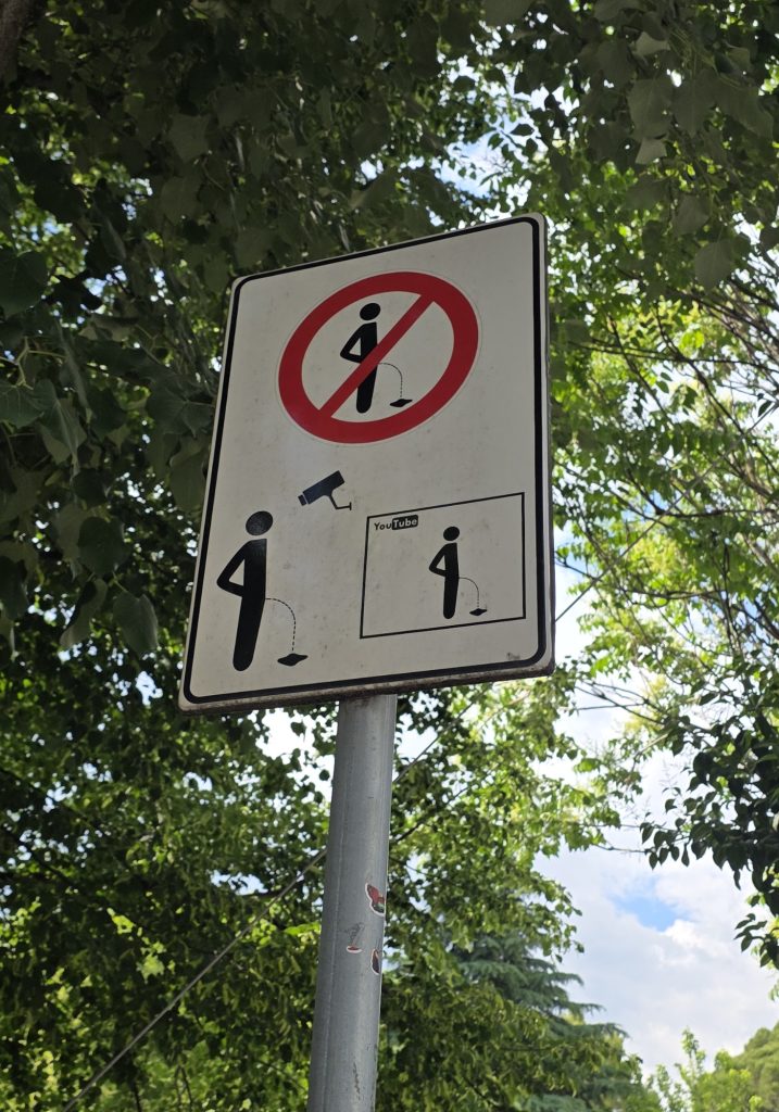 White park sign uses pictograms to tell people not to litter and warns that the area is monitored by camera. A small "YouTube" label appears on one of the illustrations under the trees.