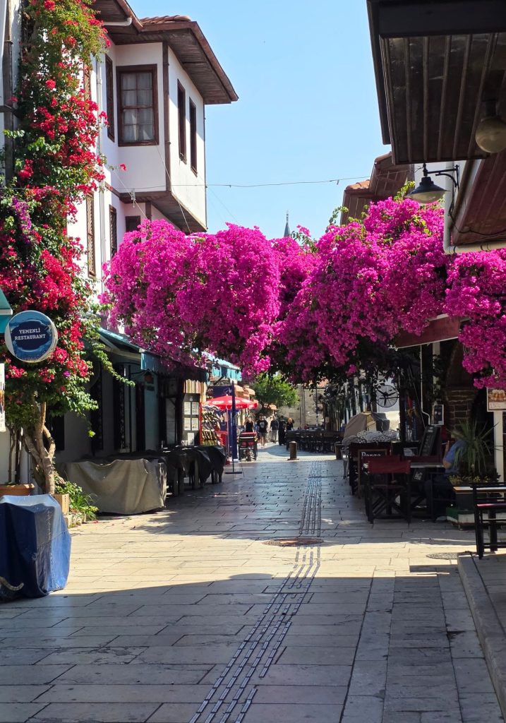 Pedestrian street in Antalya lined with restaurants and traditional white buildings. Bright pink and red bougainvillea arches over the walkway and shaded outdoor tables.